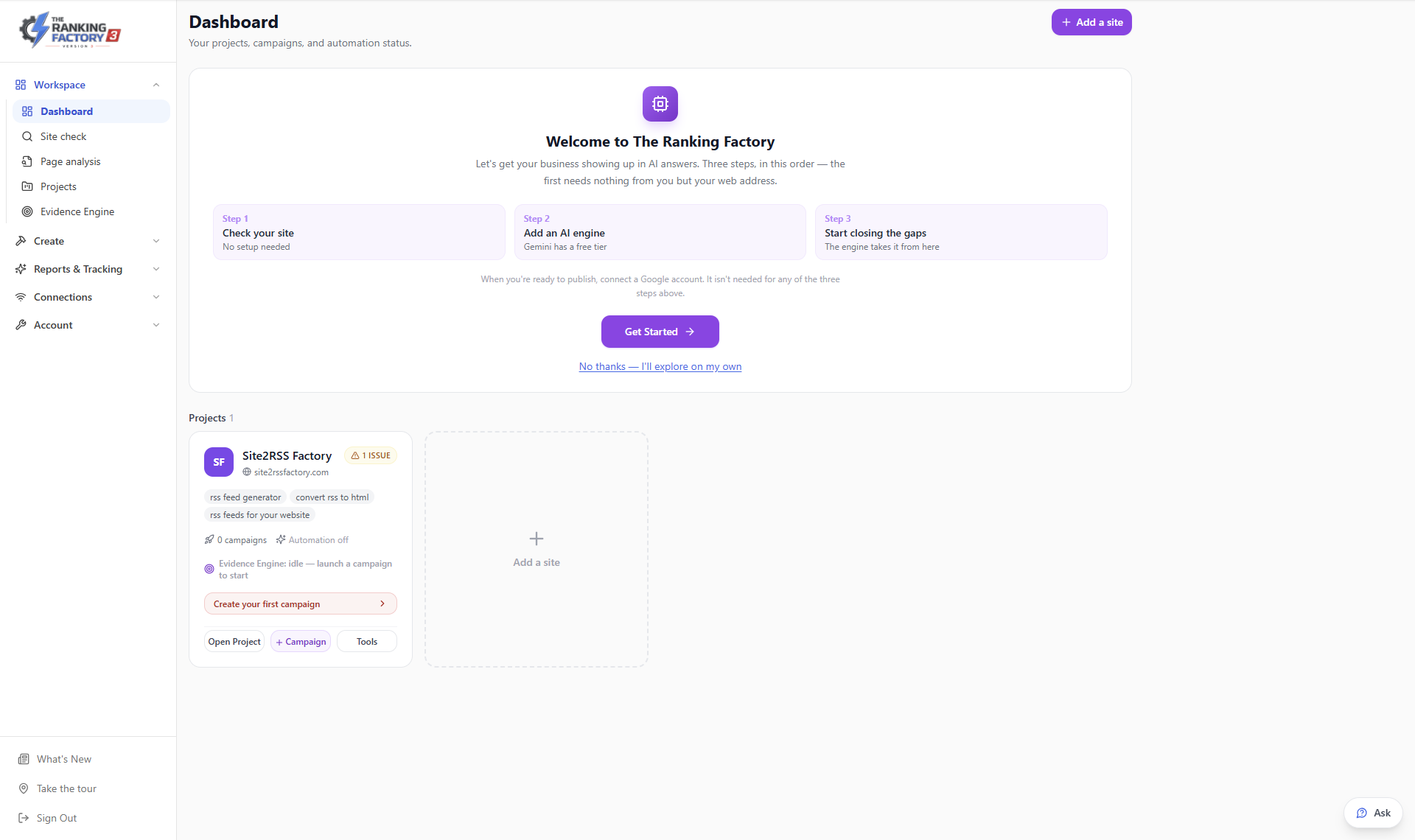 The dashboard greeting a new account with the three steps