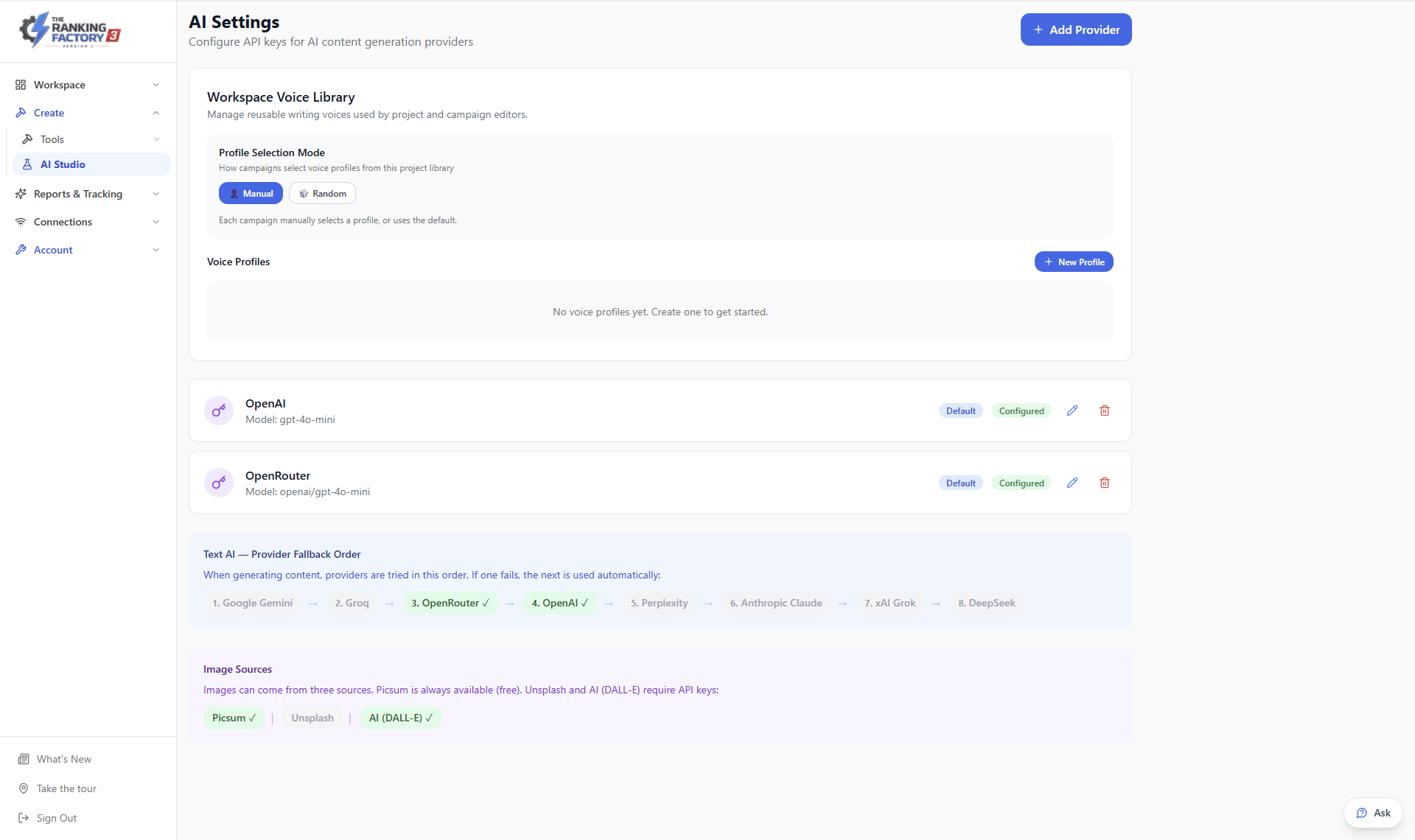 AI Settings with providers configured