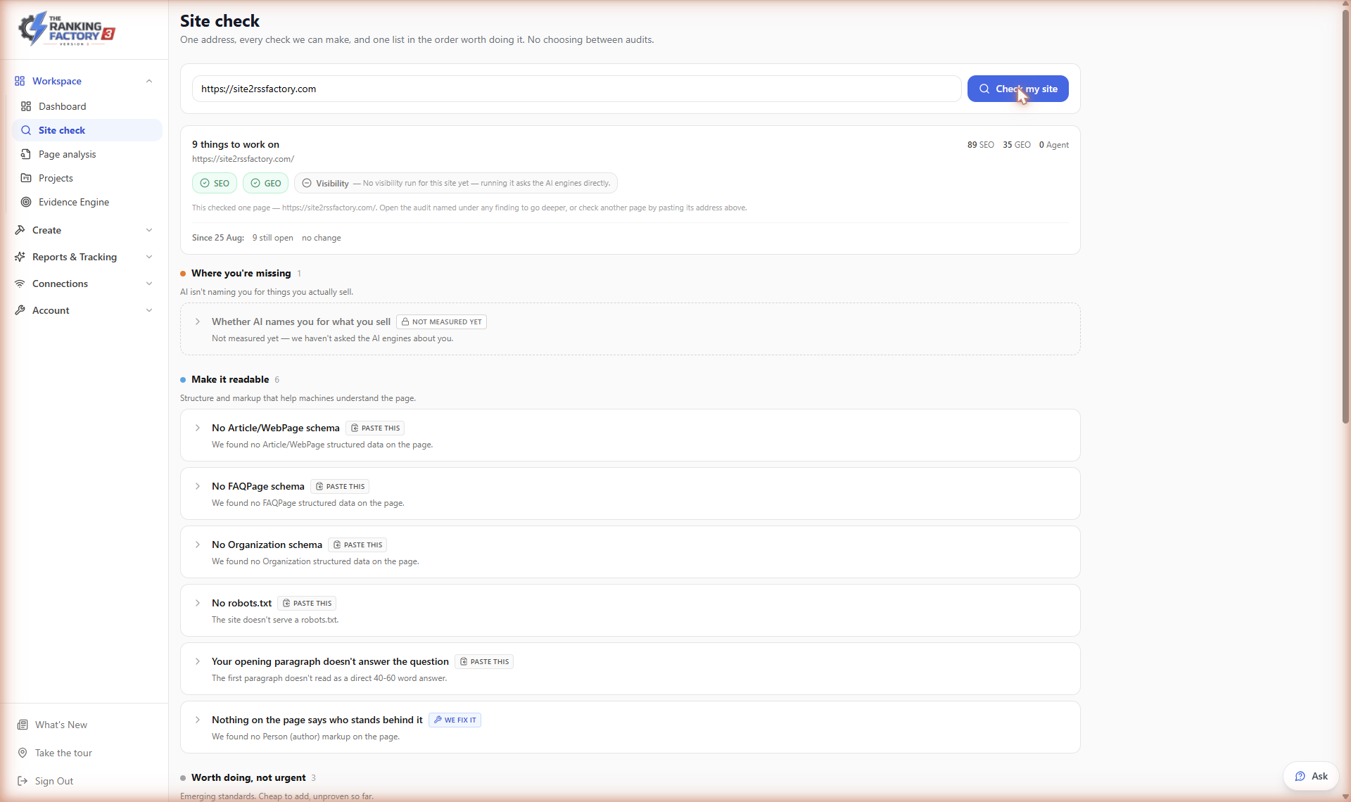 The site check findings list