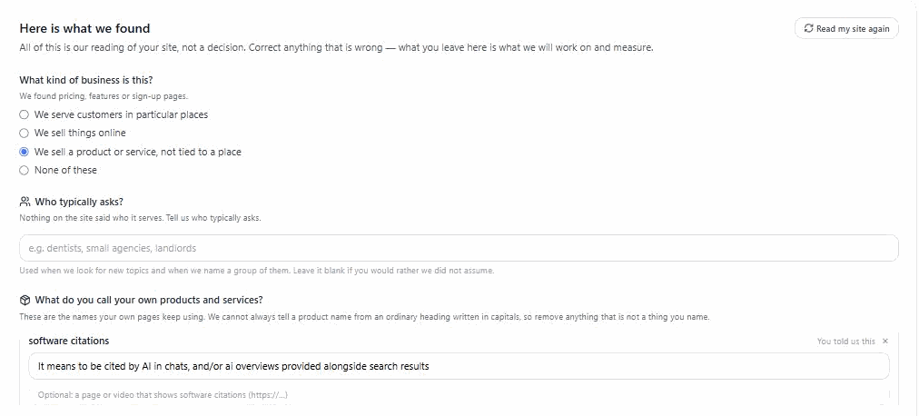 What the crawl made of a site: business type, who typically asks, and the names of its products