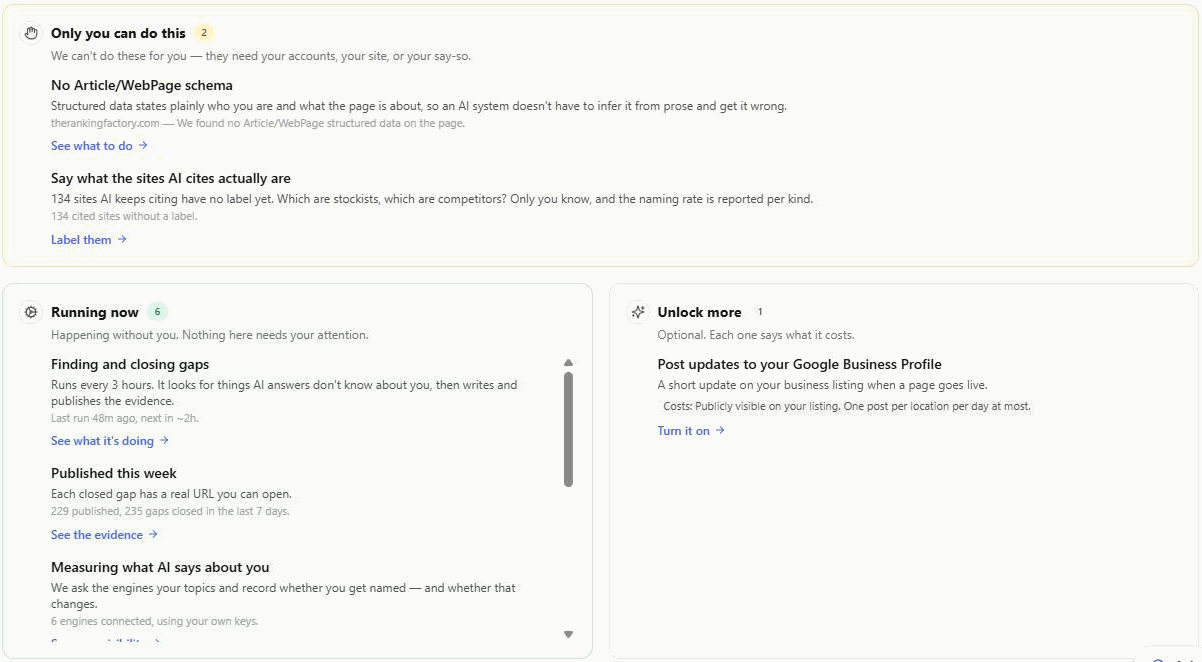 The dashboard's three bands: Only you can do this, Running now and Unlock more