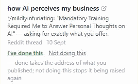 A Needs you row: a Reddit thread worth replying to, with I've done this and Not doing this
