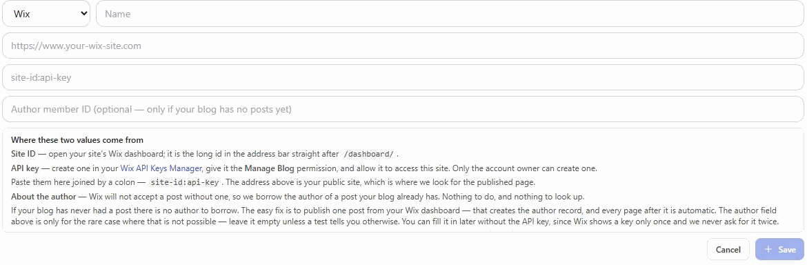 The Add destination form with Wix chosen: address, site-id:api-key and author fields