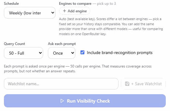 The visibility run form: schedule, engines, question count and how often each is asked